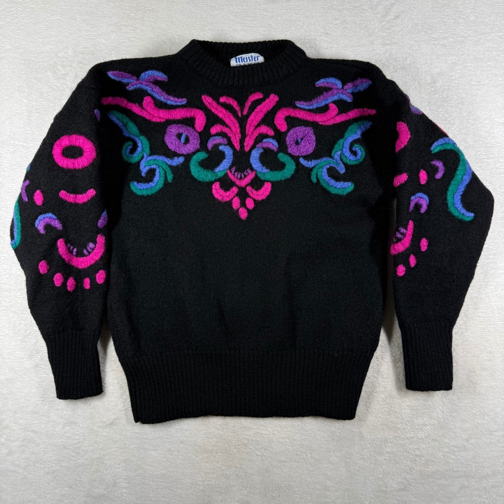 Meister Vintage 80s 100% Wool Black Abstract Embroidered Crew Neck Sweater Small
